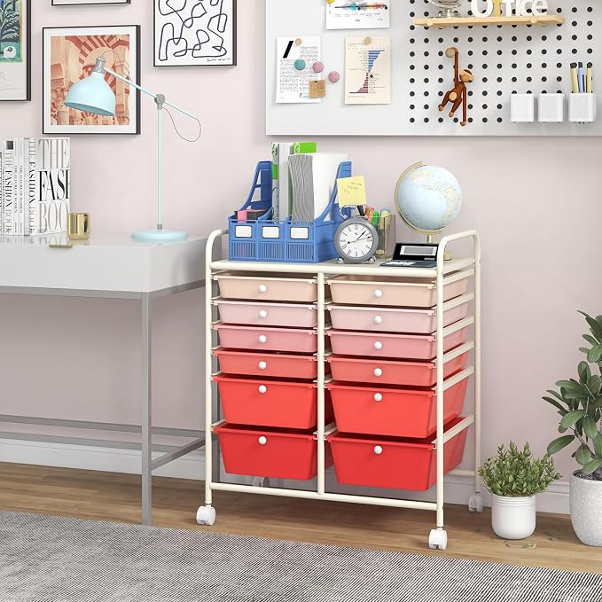 BECOMFORT 12-Drawer Rolling Cart with Drawers, Storage Cart on Wheels, Teacher Classroom Organizers with Metal Frame, Mobile Craft Cart, Trolley Utility Cart for School Office Play Room