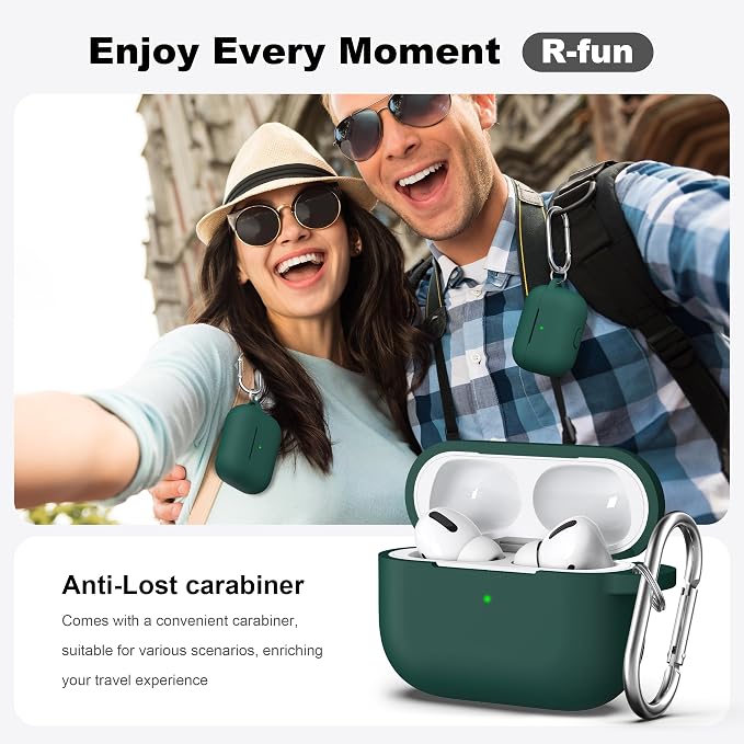 R-fun for AirPods Pro 2 Case, Soft Silicone Protective Cover with Keychain and Cleaning Pen, Compatible with AirPods Pro 2nd/1st Generation, Supports Wireless Charging, Forest Green