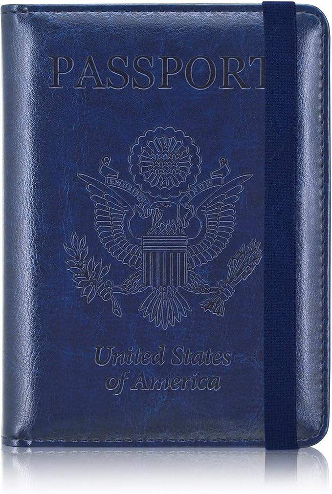 ACdream Passport Holder Cover, Leather Travel Wallet Case, RFID Blocking Document Organizer Protecrtor, with Slots for Credit Cards, Boarding Pass, for Women and Men, Navy Blue