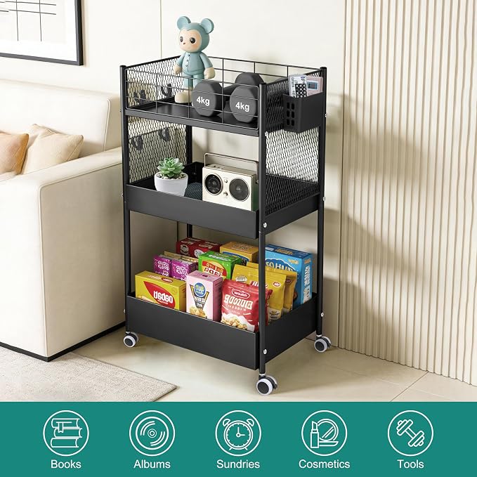 3 Tier Rolling Storage Cart Metal Utility Cart with Wheels | Office Organizer with Hooks & Hanging Cups, Mobile Shelving Unit for Kitchen Nursery Craft Snack Book
