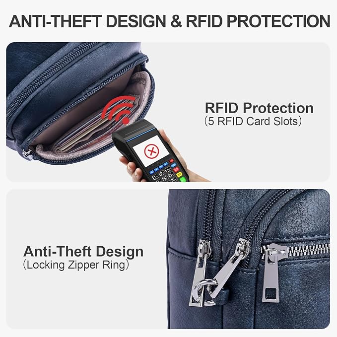 Anti Theft Crossbody Bags for Women Travel Chest Sling Bag Leather RFID Purse Fanny Pack Blue