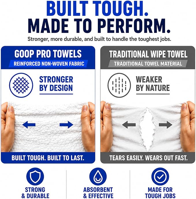 GOOP Pro Towels Heavy-Duty Multi-Surface Cleaning Wipes – Removes Engine Grease, Grime & Paint – Safe for Tools, Machinery & Painted Surfaces – 90 Extra Large 10" x 12" Towels
