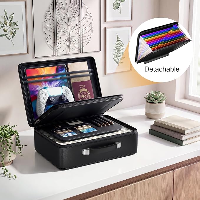 Fireproof Document Box, Hard Briefcase Fireproof Safe for Home Documents | Fire proof file box for documents, detachable accordion file organizer, waterproof digital document organiser briefcase