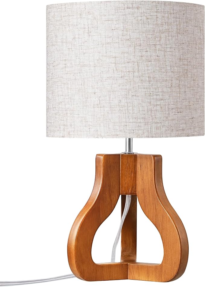 EDISHINE 14.6" Modern Table Lamp, Rose Wood Base Nightstand Lamp, E26 Base | Beige Linen Shade, On-Off Line Switch, Small Cute Bedside Lamp for Living Room, Bedroom, Office
