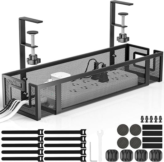 Under Desk Cable Management Tray, GZOKMOG 15.75" No Drill Cable Management, | Heavy Duty Metal Cord Organizer Under Desk, Home Office Wire Management Tray Clamp for Standing/Gaming Desk, Black