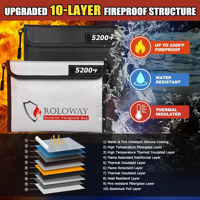 Fireproof Bag (9.6 x 6.6 inches) 5200℉ Heat Insulated, Fireproof Money Bag with Zipper for Cash (2-Pack)