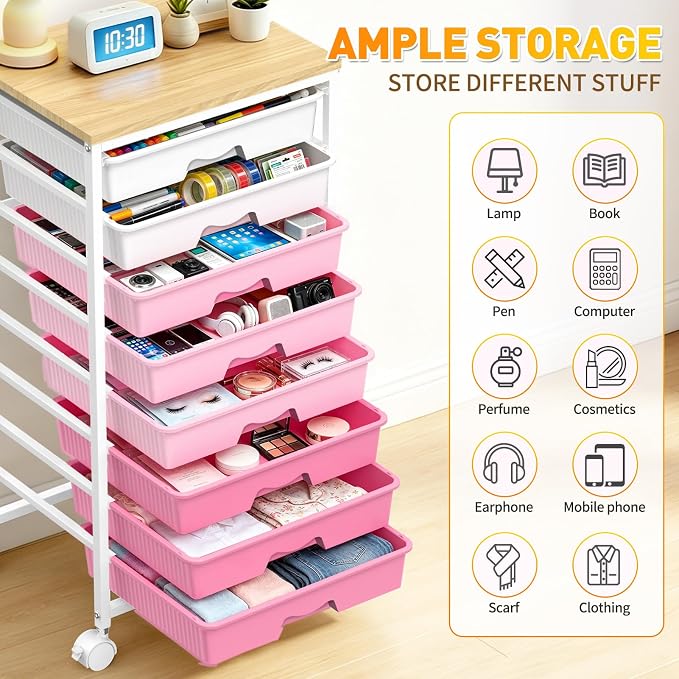 SUNALLY Rolling Cart With 8 Drawers, Storage Drawer Cart for Craft Art,Pink | Storage Utility Cart with Wooden Tabletop & 2 Lockable Wheels, Teacher Storage Cart for Classroom School Storage, Makeup,Nail
