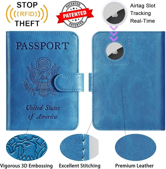 Airtag Passport Holder Cover Wallet RFID Blocking Leather Case Travel Essentials Luggage Accessories Travel Must Have(118#Blue)