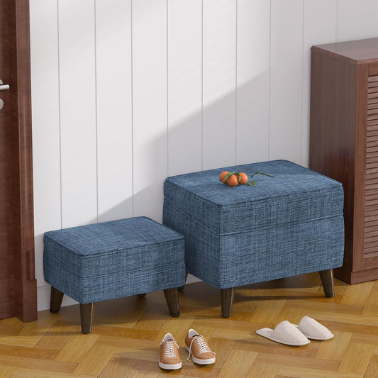 Storage Ottomans with Adjustable Cover, BOGO, Soft Step Stool, Footrest and Seat, Ottoman Foot Rest Set for Living Room, Bedroom, Dorm, Blue