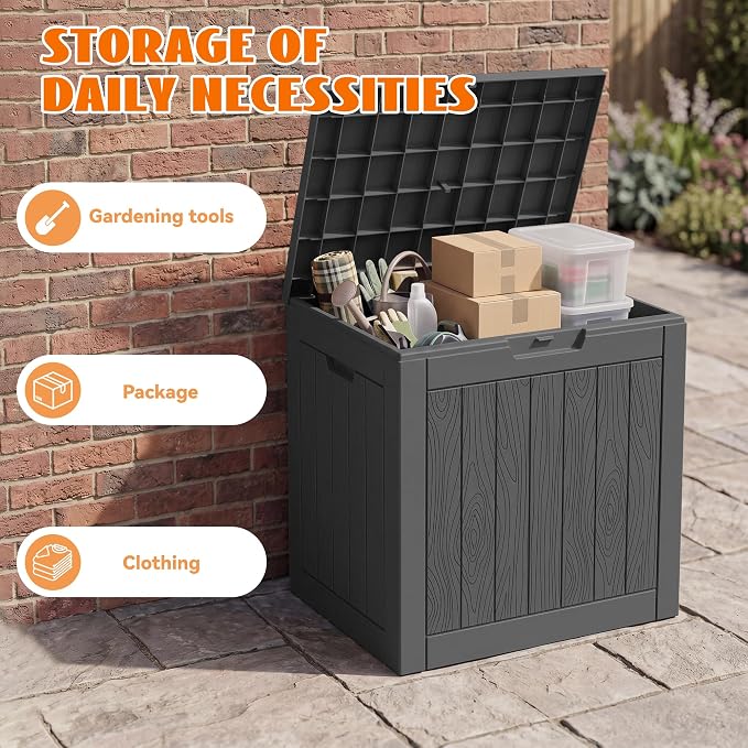 35 Gallon Package Delivery Boxes for Outside, Resin outdoor storage bin with a wood-grain pattern, Storage Cabinet for Parcel Shipping & Storage