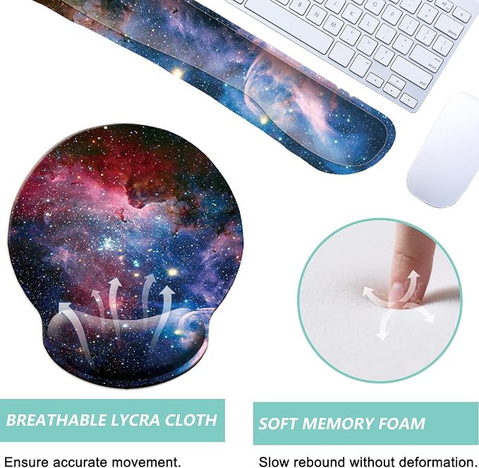 Keyboard Wrist Rest Pad Mouse Pad with Wrist Support Set of 3, Mousepad with Non-Slip Rubber Base, Ergonomic Memory Foam Mouse Wrist Cushion Support for Home Office Laptop Computer, Starry Sky