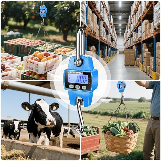 RoMech 660lb Digital Hanging Scale with Cast Aluminum Case, Handheld 300Kg Mini Crane Scale with Hooks for Farm Hunting Fishing Outdoor (Blue)