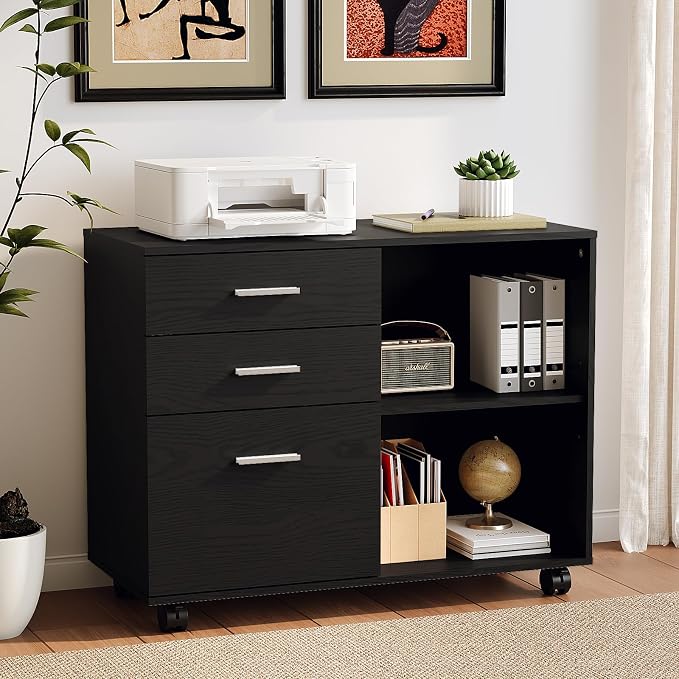 VINGLI 3 Drawer Wood Lateral File Cabinet with Adjustable Shelves & Locking Wheels, Printer Stand with Drawers for Letter Size Files, Sturdy Black File Cabinets for Home Office, Study & Business