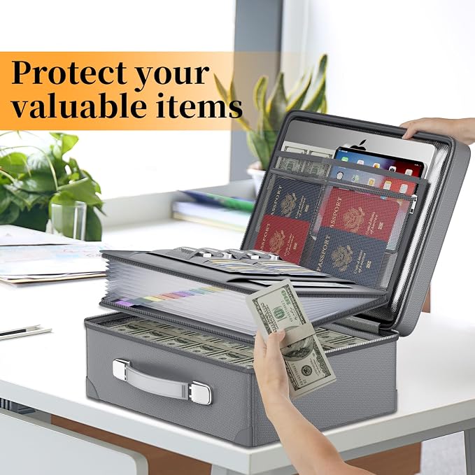 DocSafe 6400°F Fireproof Document Box with Lock, 10 Layers Heat Insulated | Fire&Water Resistant,Hard Case Safe Box with Zipper＆Multi Pockets, Protects Personal Items,Documents,Laptop,Passport,Grey
