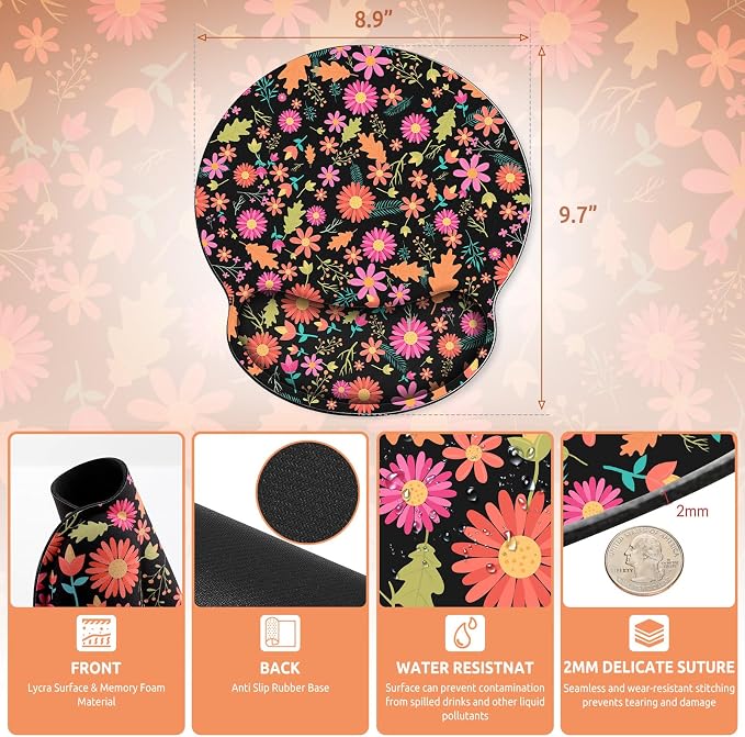 KONVINIT Ergonomic Mouse Pad with Wrist Rest, Small Mousepad with Non-Slip Rubber Base and Smooth Surface, Black Flowers Mouse Pads for Desk, Office Desk Accessories