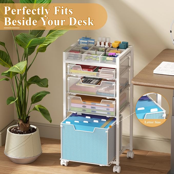 Rolling File Cart with 4 Storage Drawers, Under Desk Filing Cabinet with DIY Divider, Hanging File Folder Organizer on Wheels, Fits A4/Letter Size, Metal Utility Cart for Home Office, White