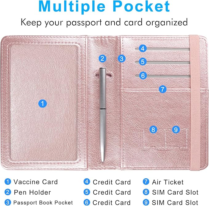 ACdream Passport and Vaccine Card Holder Combo, Cover Case with CDC Vaccination Card Slot, Leather Travel Documents Organizer Protector, with RFID Blocking, for Women and Men, AA-Rose Gold, Compact