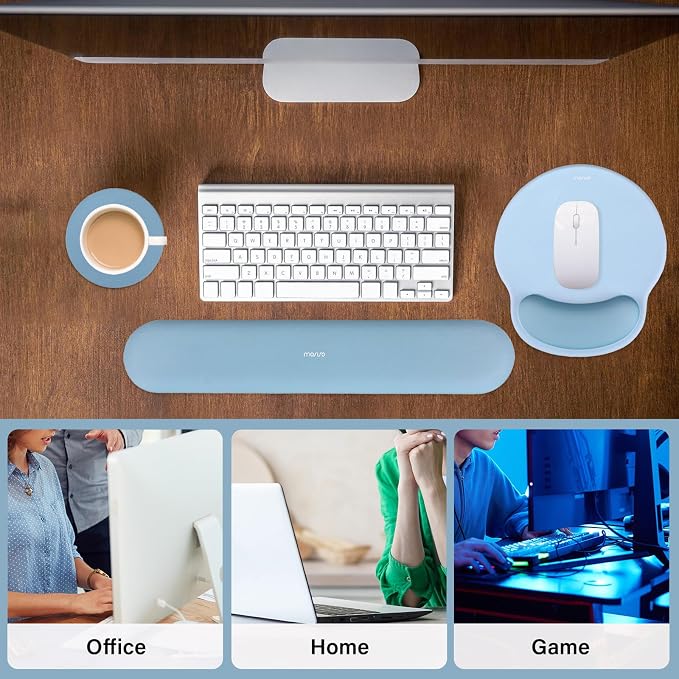 MOSISO Wrist Rest Support for Mouse Pad&Keyboard Set, Air Blue | Circle Curved Ergonomic Mousepad Non-Slip Base Home/Office Pain Relief&Easy Typing Pad with Soft Cloth&Silicone Lining