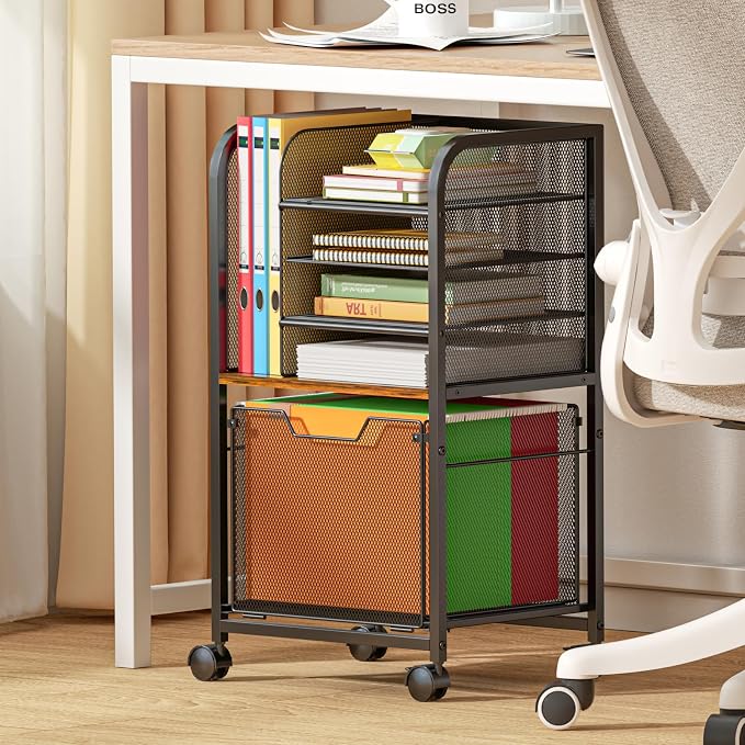 Feyejade 5-Tier Rolling File Cart Cabinet Under Desk Storage Organizer | Letter-Size Hanging File Folders, Under Desk Mobile Filing Storage, Multi-Layer Mesh Drawers, Office Efficiency Furniture