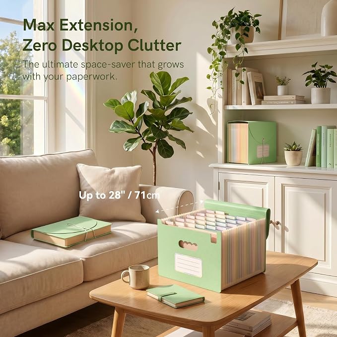 ABC life 26 Pockets Accordion File Organizer, Meadow Green | Expanding File Folder for Letter/A4 Size, Portable Document Holder with A-Z Tabs for Tax Receipt, School, Home, Office