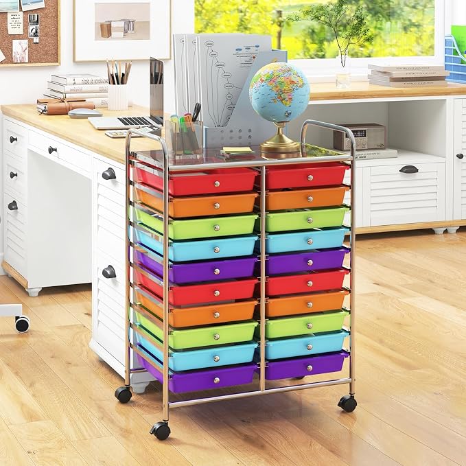RELAX4LIFE 20 Drawer Rolling Storage Cart, Mobile Rolling Cart w/Drawers for School Classroom Teacher Office Home Salon, Paper File Art Supply Craft Organizer, Utility Cart on Wheels (Multicolor)