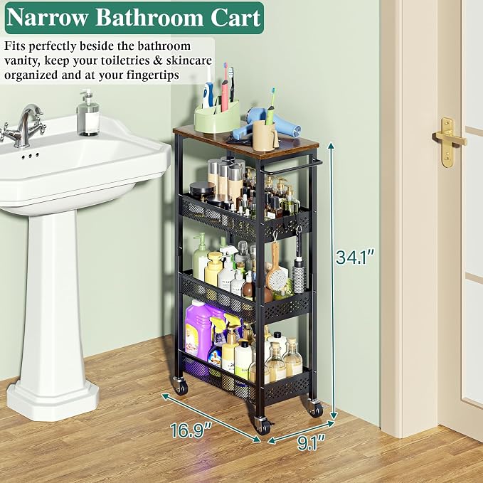 OKZEST 4-Tier Slim Rolling Storage Cart for Bathroom, Laundry Room, Kitchen | Upgraded metal hub casters, Narrow utility cart for small space/gaps, Premium wood top & metal mesh shelf, with handle & hook