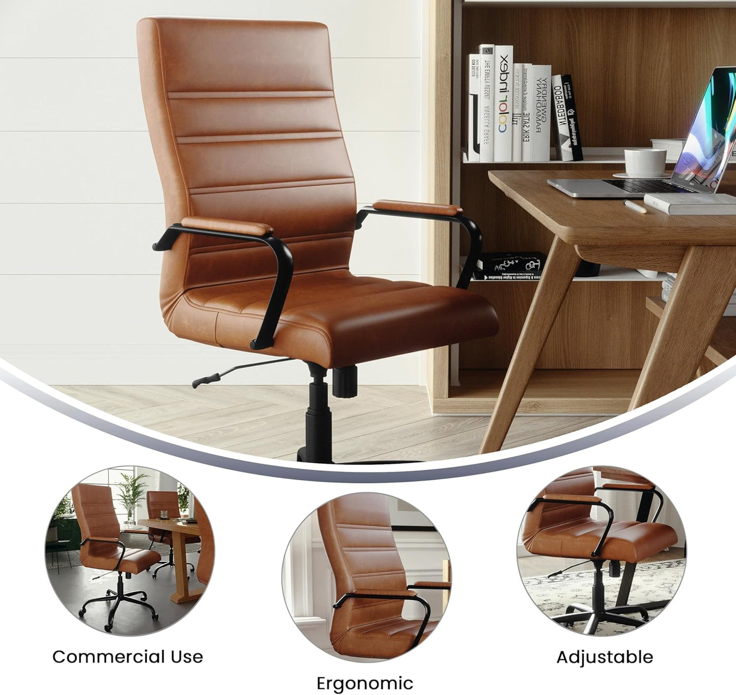 Flash Furniture Whitney High-Back Swivel LeatherSoft Desk Chair with Padded Seat and Armrests, Adjustable Height Padded LeatherSoft Office Chair, Brown/Black Gold