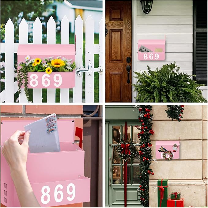 Wall-Mount Mailbox with Flag, Large Capacity Mailboxes for Outside House with Planter & 3 Sets of 0-9 Mailbox Number Stickers, Galvanized Steel Rust-Proof Post Box Metal Mail Box (Pink)