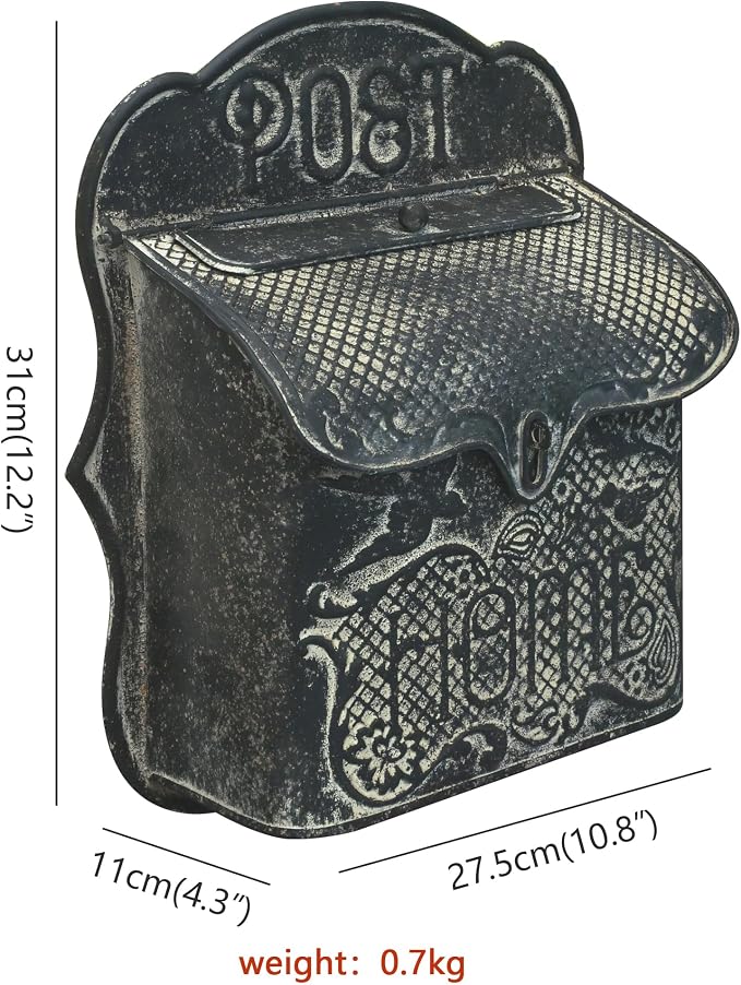 BIG FORTUNE Wall Mount Mailbox for House Outside Vintage Metal Door Mailbox Antique Style Nostalgic Charm Home Decor Garden Vintage English Cottage Decor Flower Patter(Black)