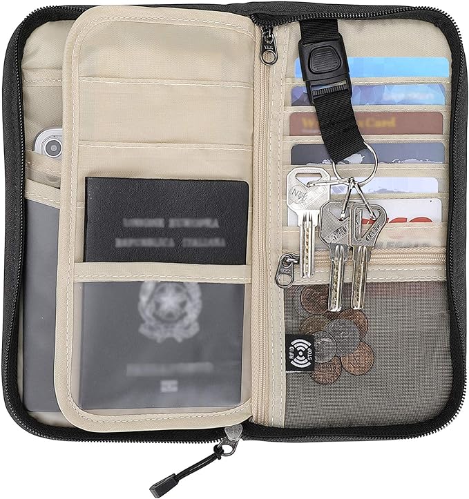 Passport Holder Family RFID Passport Wallet, Passport Holder Women/Men, Travel Wallet Documents Organizer Zipper Case with Removable Wristlet Strap, Travel Essentials for Flying