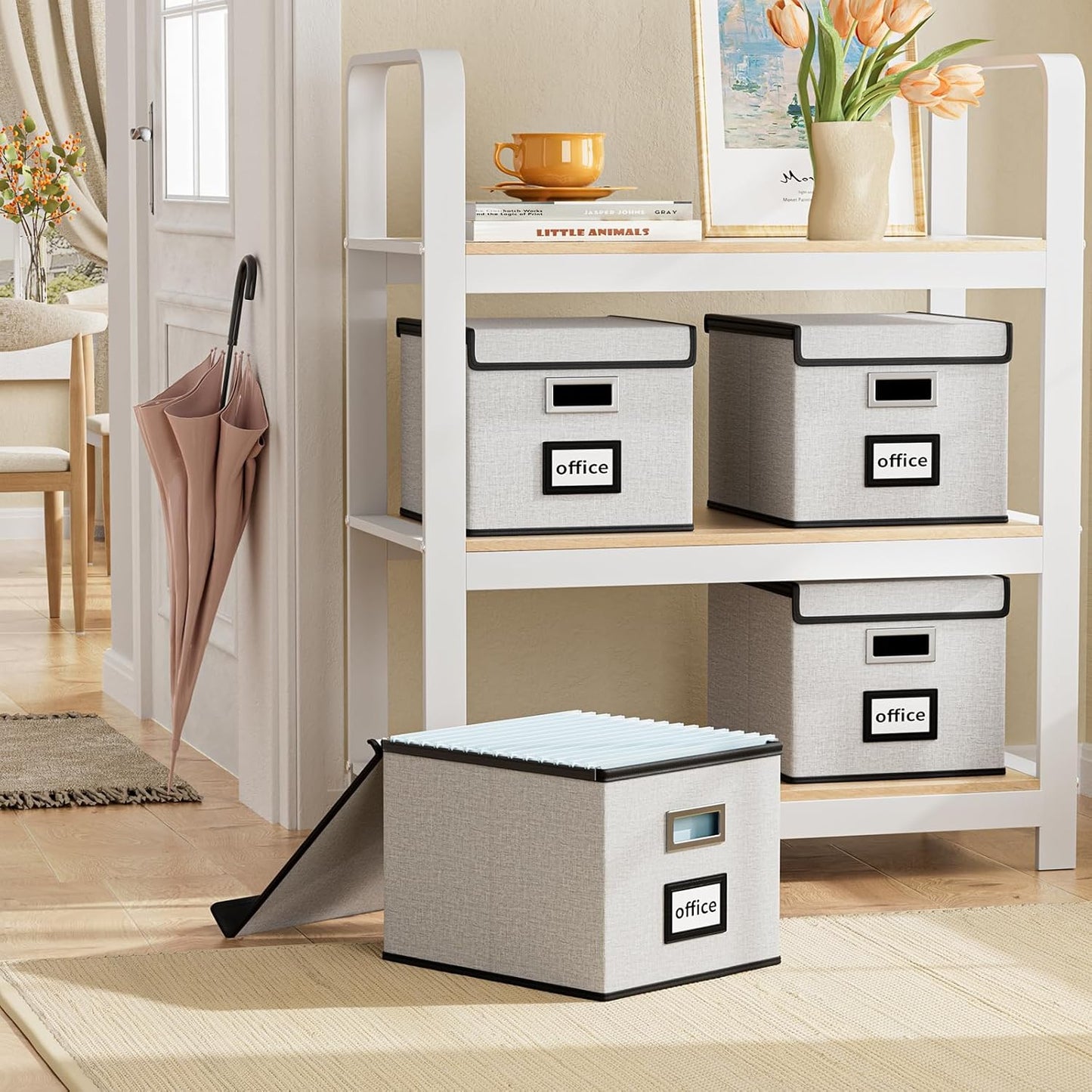 Huolewa Decorative File Storage Organizer Box with Lid, Portable Collapsible Linen Hanging Filing & Storage Boxes for Office/Decor/Home (White) - 14.9 x 12.7 x 10.8 inch - 1Pack