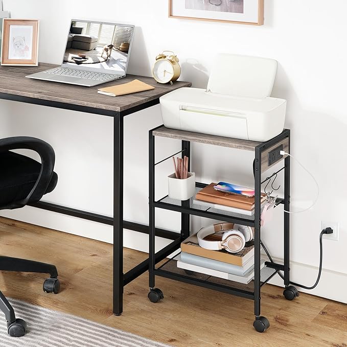 HOOBRO Industrial Printer Stand, 3-Tier Mobile Printer Table, Rolling Cart with Power Outlets and USB Ports, Home Printer Stand with 2 Hooks, for Office, Living Room, Greige and Black BG22UPS01