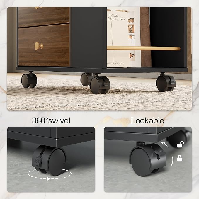 Mobile File Cabinet Under Desk with 3 Drawer, Lockable Wheels | Rolling Filing Cabinet, Utility Cart with Open Storage Shelves Home Office Fits A4/Legal, 19.7" x 11.8" x 26.3", Black Walnut
