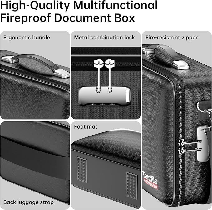 Tamfile Fireproof Document Box, Hard Case Safe File Box with Lock, Black | 5200°F, Water Resistant,8-Layer Fireproof Safe File Organizer with Accordion File Folder for Important Documents,Passports
