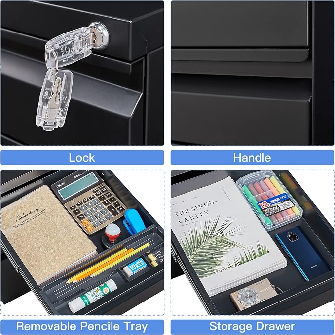 3 Drawer Mobile File Cabinet with Lock, Black Under Desk Rolling Filing Cabinet, Metal Locking File Cabinet on Wheels for Legal/Letter/A4 File (Required Assemble)