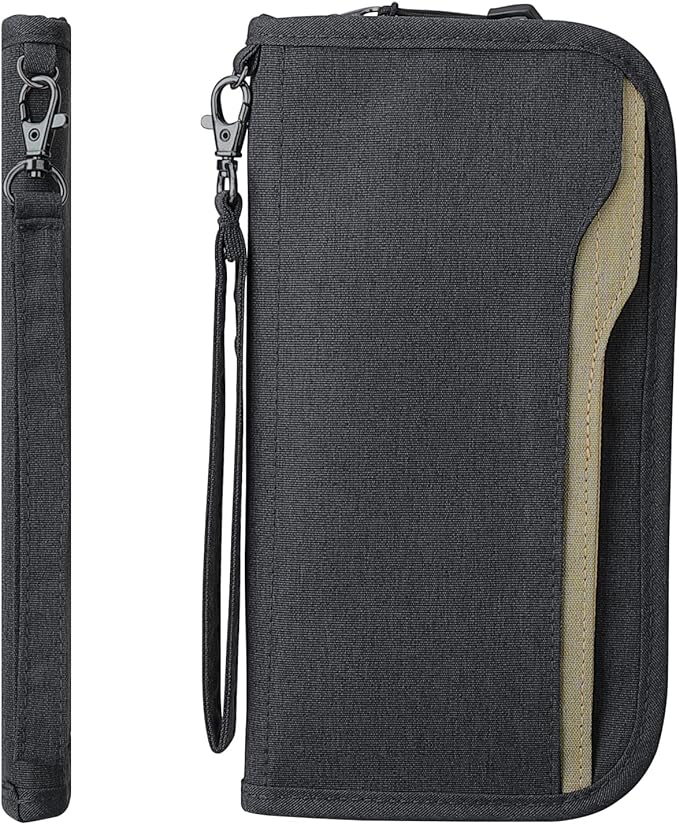 Passport Holder Family RFID Passport Wallet, Passport Holder Women/Men, Travel Wallet Documents Organizer Zipper Case with Removable Wristlet Strap, Travel Essentials for Flying