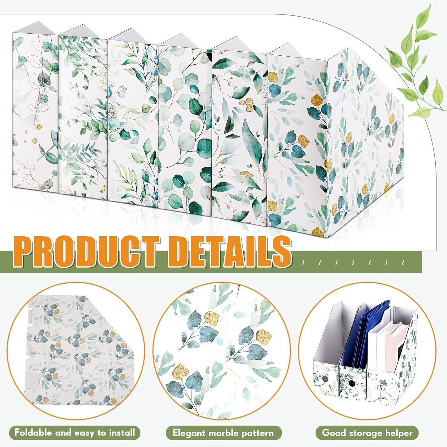 PerKoop 12 Pcs Magazine File Holder Foldable Decorative Cardboard File Folders 6 Patterns Floral Colored Magazine Rack with Printable Sticker Labels for School Office Home Desk (Eucalyptus Leaves)
