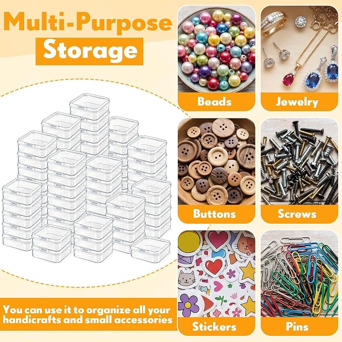 Jetec 60 Pieces Mini Plastic Clear Beads Storage Containers Box for Collecting Small Items, Beads, Jewelry, Business Cards, Game Pieces, Crafts (2.1 x 2.1 x 0.8 Inch)