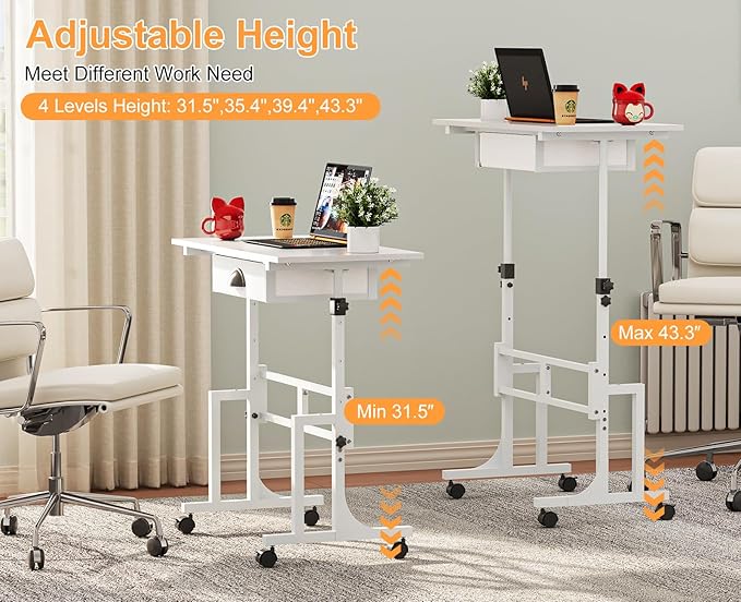 Cidaziya Adjustable Height Standing Desk for Walking Pad Treadmill, Portable Rolling Desk for Laptop with Drawer, Small Moblie Sit to Stand Desk On Wheels with Stiffener for Home Office Dorm Bedroom