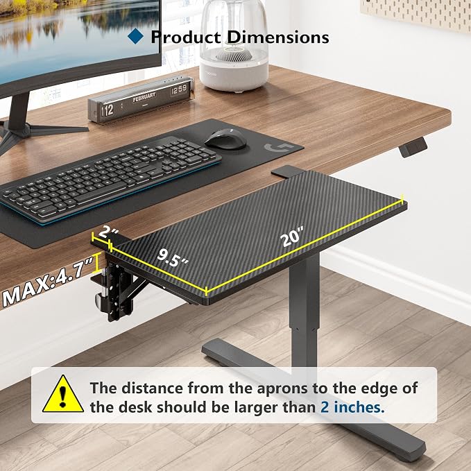 BONTEC Small Ergonomics Desk Extender Tray, 20 x 9.5 Inch, Black Carbon | 90° Foldable Keyboard Tray Platform, Table Mount Arm Rest Shelf, Clamp on Computer Arm Rest, Suitable for Office Use