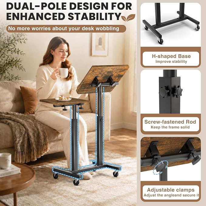 Elowen Rolling Laptop Desk with Wheels, Double-Pole Portable Overbed Table | Mobile Tilting Small Standing Desk, Large-Size Adjustable Height Computer Desk for Office Home Use