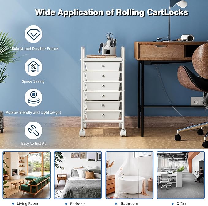 Rolling Storage Cart with Drawers 6-Tier Lock Wheels Office White | Utility Cart with 6 Drawers & 2 Lockable Caster, Multipurpose Mobile Drawer Cart for School Bathroom Kitchen