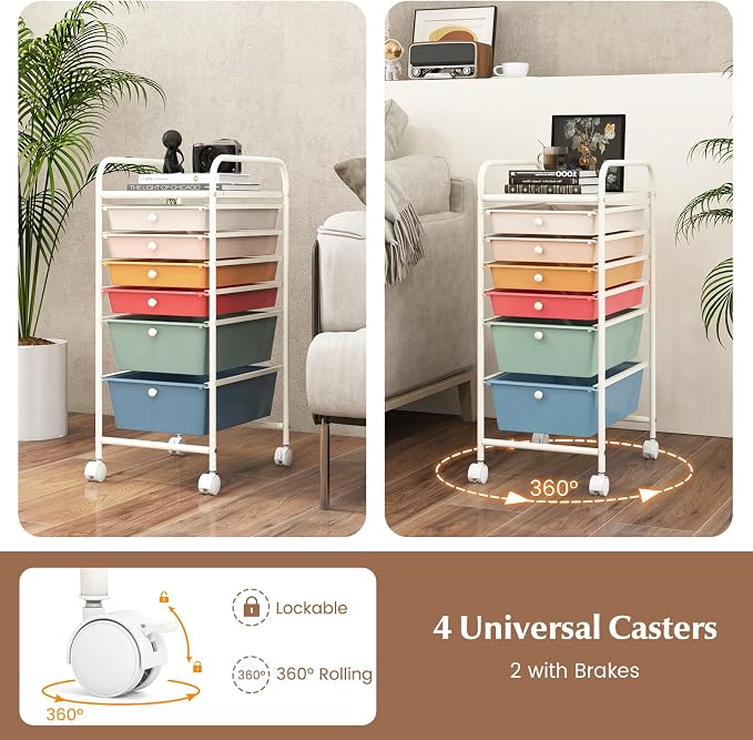 COSTWAY 6-Drawer Rolling Storage Cart, Art Craft Tools Organizer on Wheels | Multifunctional Heavy Duty Utility Mobile Storage Trolley w/ 2 Lockable Wheels for Home Office School (Macaron)