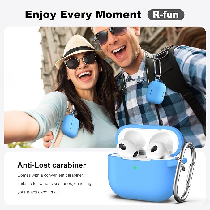 R-fun Compatible with AirPods 3 Case Cover, Silicone Protective Accessories Skin with Keychain Compatible with Apple AirPod 3rd Generation 2021 for Women Men Girls Boys,Front LED Visible,Light Blue
