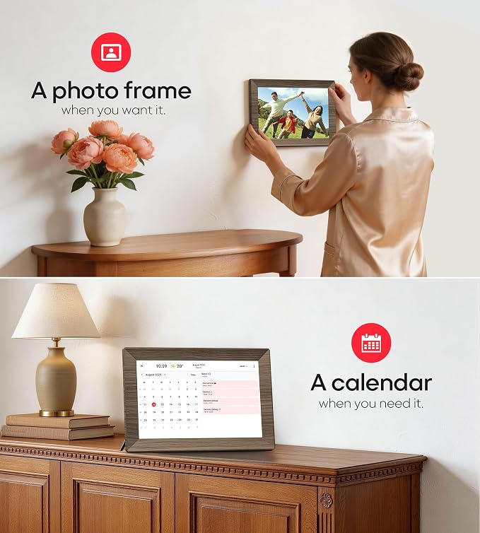 Frameo 10.1" Digital Picture Frame with 32GB Memory Wood WiFi Electronic Photo Frame 1280 x 800 IPS Touch Screen Auto-Rotate Slideshow Wall Mountable Share Photos/Video Remotely Anywhere