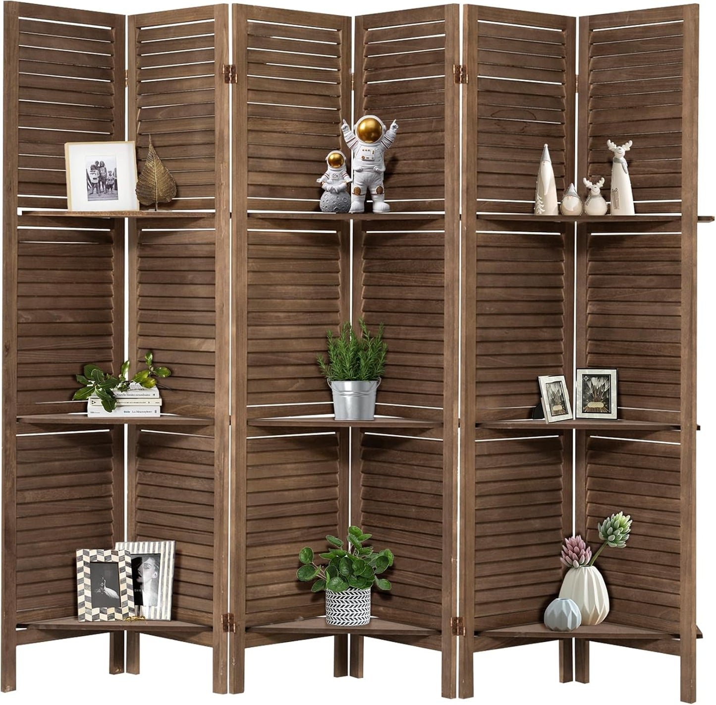 NicBex 6 Panel Room Divider 5.6FT Louvered Design Room Dividers with Display Storage Shelves Folding Privacy Screens Portable Freestanding Partition Wall Dividers for Home Bedroom Office, Dark Brown