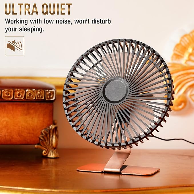 SLENPET 6-inch USB Small Desk Fan, 4 Speeds, Powerful Desktop Table Fan | Ultra-quiet, 90° Adjustment for Better Cooling, Portable Mini Personal Fan for Home Office, Metal Base, Bronze