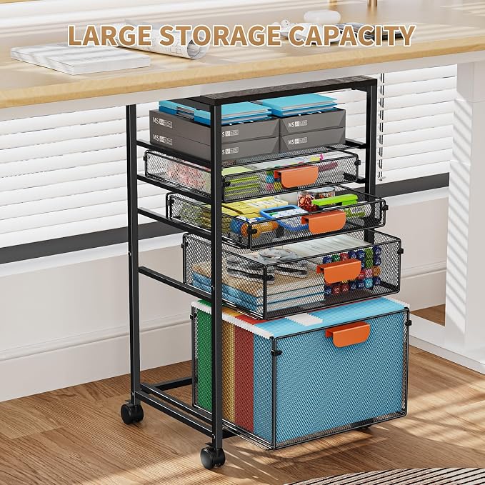 Marbrasse Rolling File Cart with 4 Storage Drawers, Mobile File Cabinet on Lockable Wheels, Hanging Filing Cabinet Organize, Under Desk Utility Cart for Home Office - Dark Brown