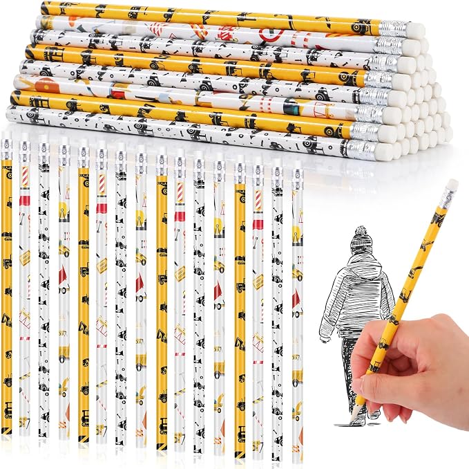 Teling 48 Pcs Construction Party Favors Fun Pencils in Bulk with Eraser for Theme Birthday Supplies Wooden Number 2 Graphite Pencils for Students Back to School Gifts Classroom