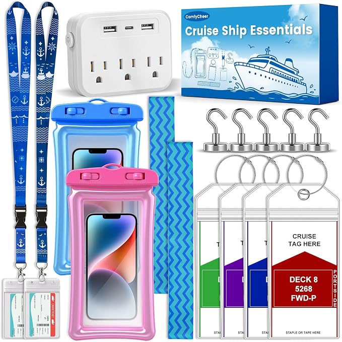 Cruise Essentials 2026,Cruise Must Haves Kit,Non-Surge Protector Power Strip,Magnetic Hooks,Lanyards,Luggage Tags,Towel Bands,Waterproof Phone Pouches,Travel Essentials